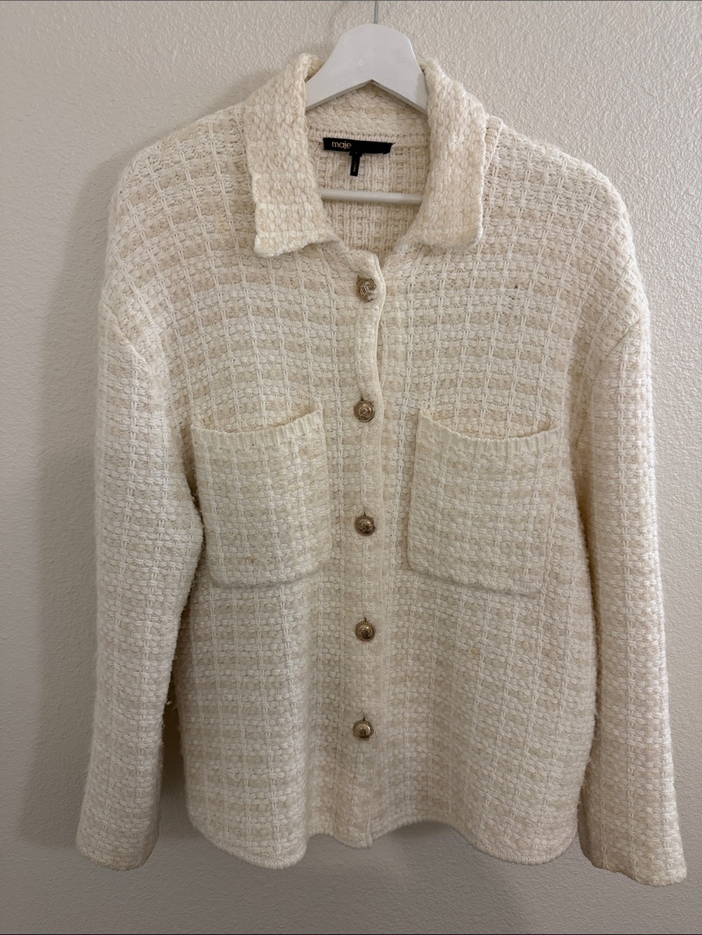 Maje Cream Bouclé Collared Jacket with Gold Buttons